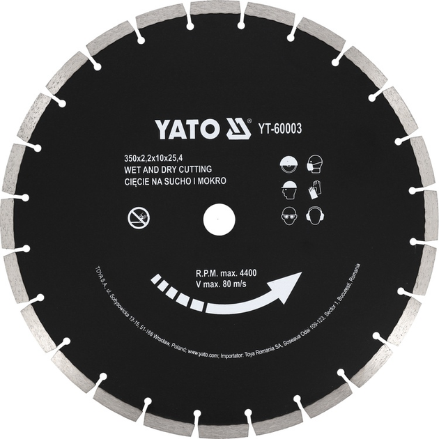 Tarcza diamentowa do betonu YATO 350 x 25.4 mm cięcie na sucho i na mokro (YT-60003) - obraz 1