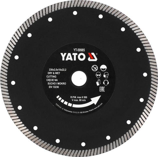 Tarcza diamentowa Turbo YATO 230 mm do cięcia i szlifowania twardego gresu i ceramiki bez uszczerbień (YT-59985) - obraz 1