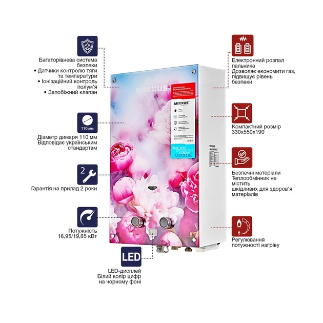 Газова колонка MIXXUS GWH-0410 BASIC GLASS димохідна 10 л/хв (панель зі скла з малюнком) (WH0025) - Фото 7 Газова колонка MIXXUS GWH-0410 BASIC GLASS димохідна 10 л/хв (панель зі скла з малюнком) (WH0025) - зображення 7
