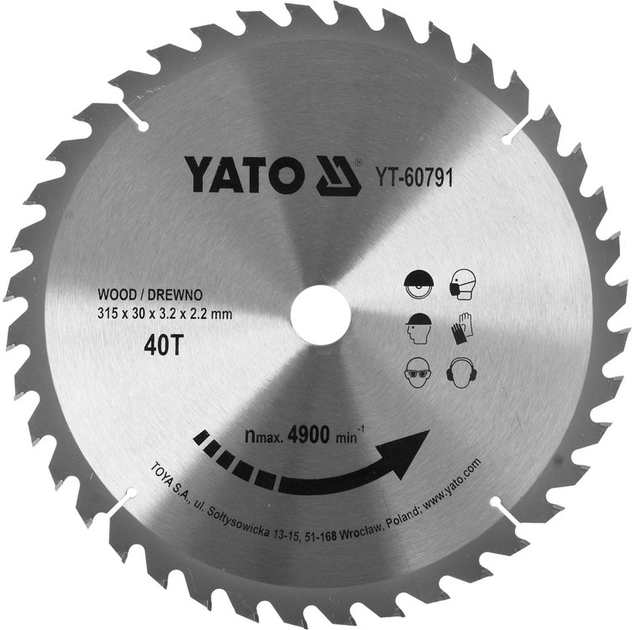 Tarcza widiowa YATO do drewna 315 x 40 zębów x 30 mm (YT-60791) - obraz 1