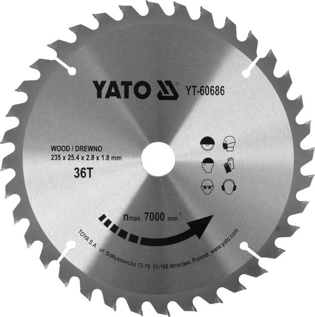 Диск пиляльний по дереву YATO 235x25.4 мм 36 зубців до 7000 об/хв (YT-60686) - зображення 1