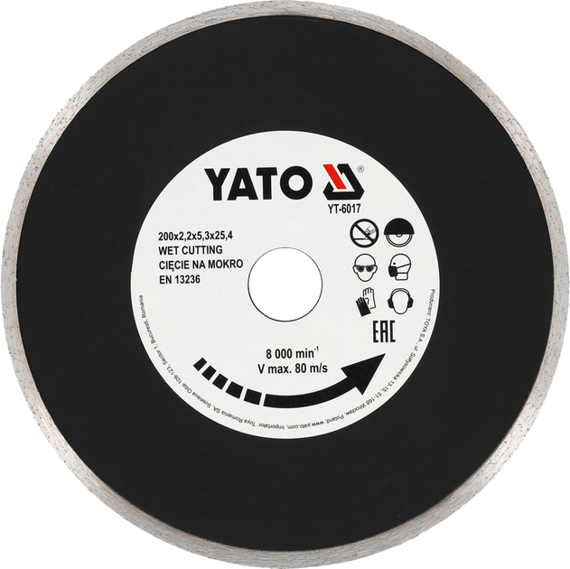 Tarcza diamentowa pełna YATO 200x25.4 mm, cięcie na mokro (YT-6017) - obraz 1