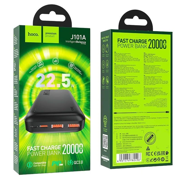 Павербанк Hoco J101A 20000 mAh 22.5W УМБ зі швидкою зарядкою PD/QC, LED-індикатором та портами 2USB/Type-C Портативний акумулятор для телефону, Чорний - Фото 6 Павербанк Hoco J101A 20000 mAh 22.5W УМБ зі швидкою зарядкою PD/QC, LED-індикатором та портами 2USB/Type-C Портативний акумулятор для телефону, Чорний - зображення 6