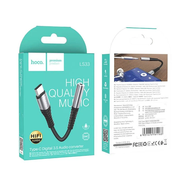 Переходник Hoco LS33 Type-C Digital 3.5 Audio Converter |кабель 0.12м, высокое качество звука, встроенный DAC, поддержка микрофона и кнопок управления, широкая совместимость| Серый - изображение 6