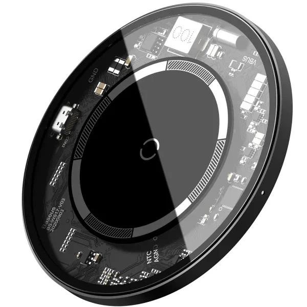Беспроводная зарядка Baseus Simple Magnetic Wireless Charger (WXJK-E02) |15 Вт, быстрая зарядка, широкая совместимость, многоуровневая защита, для смартфона или наушников, компактная, магнитное крепление| Прозрачно-черный - изображение 3