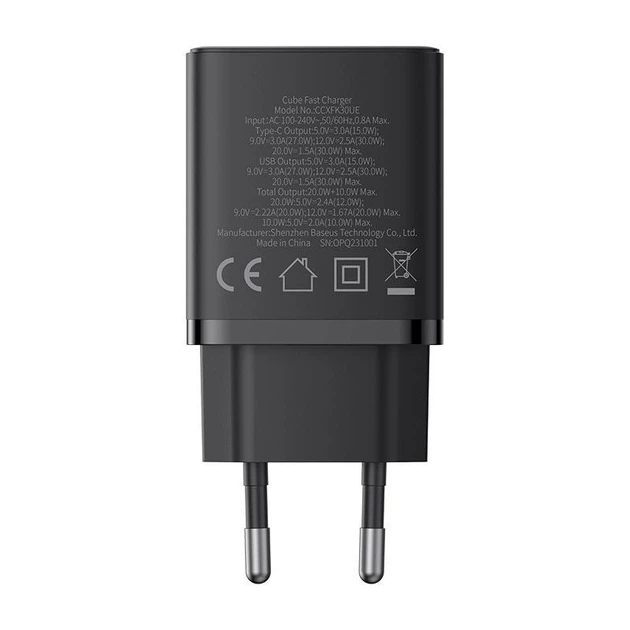 Сетевое зарядное устройство адаптер Baseus Cube Fast Charger |1USB/1Type-C, 30W/3A, поддержка быстрой зарядки PD/QC, многоуровневая защита, универсальная совместимость| Черный - Фото 8 Сетевое зарядное устройство адаптер Baseus Cube Fast Charger |1USB/1Type-C, 30W/3A, поддержка быстрой зарядки PD/QC, многоуровневая защита, универсальная совместимость| Черный - изображение 8