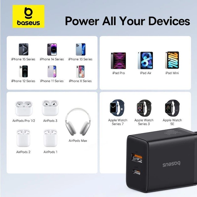 Сетевое зарядное устройство адаптер Baseus Cube Fast Charger |1USB/1Type-C, 30W/3A, поддержка быстрой зарядки PD/QC, многоуровневая защита, универсальная совместимость| Черный - Фото 14 Сетевое зарядное устройство адаптер Baseus Cube Fast Charger |1USB/1Type-C, 30W/3A, поддержка быстрой зарядки PD/QC, многоуровневая защита, универсальная совместимость| Черный - изображение 14