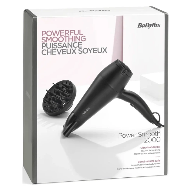 Фен Babyliss Power Smooth, 2000Вт, 2 режими, іонізація, хол. обдування, 2 насадки, чорний - зображення 5