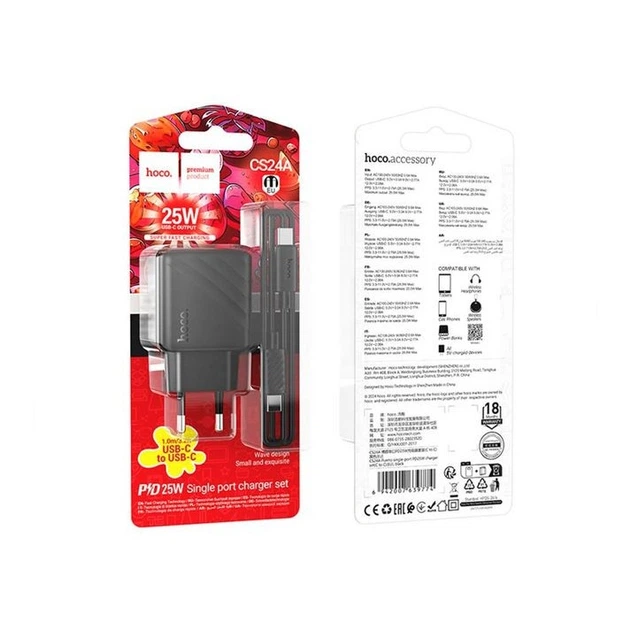 Сетевое зарядное устройство Hoco CS24A, 1Type-C PD, QC 25W, Type-C to Type-C, Черный - изображение 5