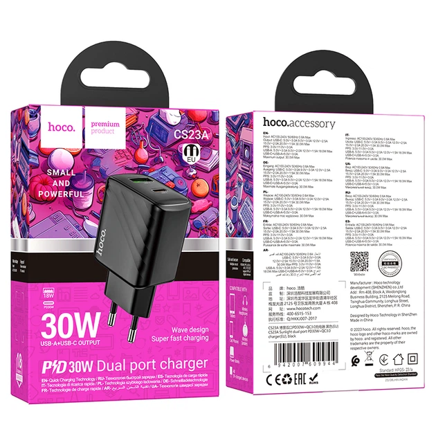 Сетевое зарядное устройство Hoco CS23A, 1USB, 1Type-C, PD, QC 30W, Черный - изображение 6