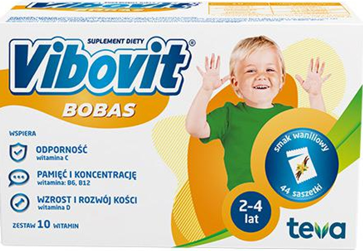 Дієтична добавка Teva Vibovit Bobas для дітей 2- 4 років зі смаком ванілі 44 пакетики (5900004074227) - зображення 1