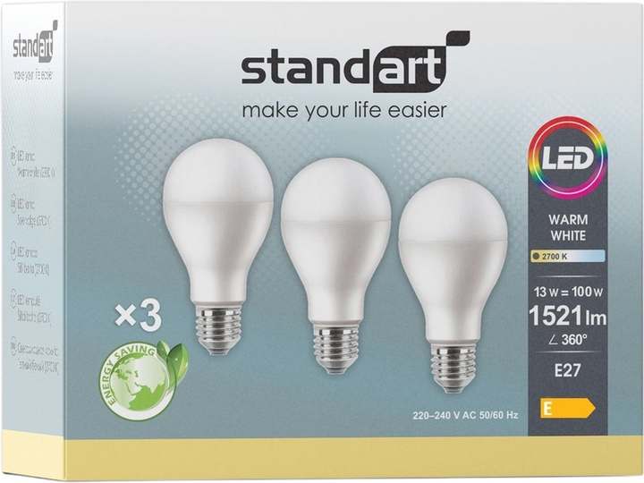 Zestaw żarówek LED Standart A60 13W E27 1521LM 2700K 3PCS (929002306802) - obraz 2
