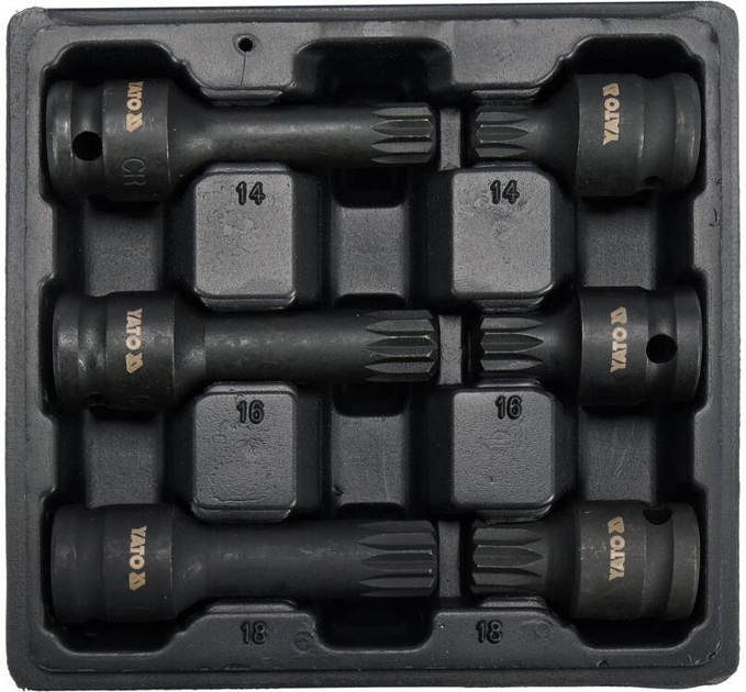 Набір викруткових ударних насадок Yato SPLINE M14 M16 M18 квадрат 1/2" L= 43/78 мм CrMo YT-10652 6 одиниць (5906083055492) - зображення 1