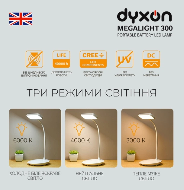 Настольная светодиодная лампа Dyxon MEGALIGHT 300 White с аккумулятором (DXNLMGLGT300W) - Фото 2 Настольная светодиодная лампа Dyxon MEGALIGHT 300 White с аккумулятором (DXNLMGLGT300W) - изображение 2