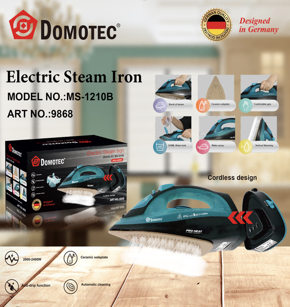 Беспроводной паровой утюг Domotec MS-1210B Бирюзовый 2400 Вт керамическая подошва (9868) - изображение 6