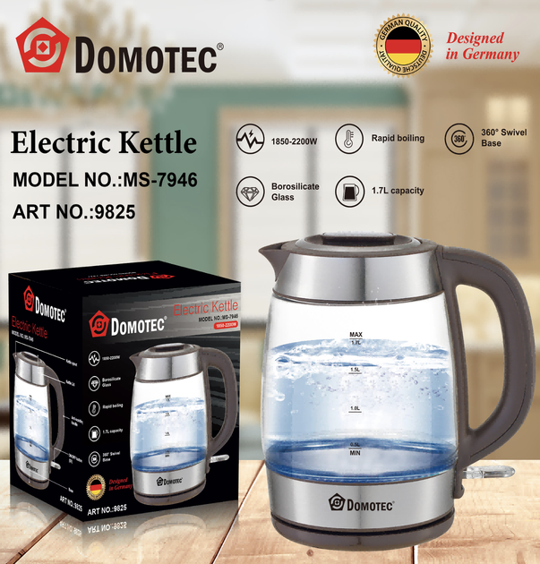 Чайник Domotec MS-7946 электрический 1.7 л 2200 Вт стеклянный корпус с LED подсветкой - Фото 5 Чайник Domotec MS-7946 электрический 1.7 л 2200 Вт стеклянный корпус с LED подсветкой - изображение 5
