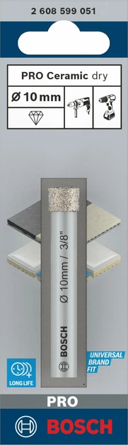 Алмазная коронка Bosch Pro Ceramic Dry 10х66 мм (2608599051) - Фото 2 Алмазная коронка Bosch Pro Ceramic Dry 10х66 мм (2608599051) - изображение 2