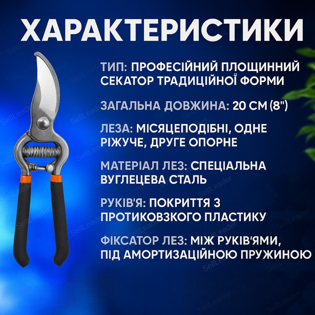 Секатор 20 см Bradas для сада деревьев кустов цветов плоскостной углеродистая сталь 14мм срез с фиксатором - Фото 3 Секатор 20 см Bradas для сада деревьев кустов цветов плоскостной углеродистая сталь 14мм срез с фиксатором - изображение 3