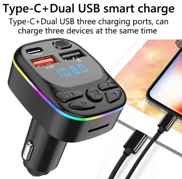 Автомобильный FM-трансмиттер Car C11 FM-передатчик 2 USB + TypeC ресивер, модулятор, плеер MP3 black Bluetooth - изображение 5