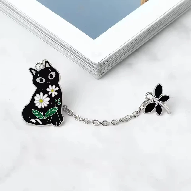 Двойной значок BROCHE брошь бижутерия Животные Кошка со стрекозой чёрно-серебристый BRGV115098 - изображение 3