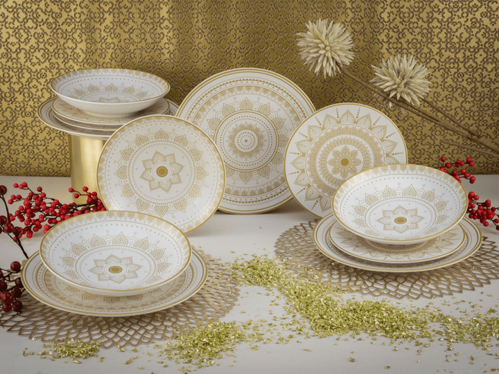 Набір столового посуду CreaTable Mandala Gold з 12 предметів на 4 персони кераміка золотисто-білий - зображення 5