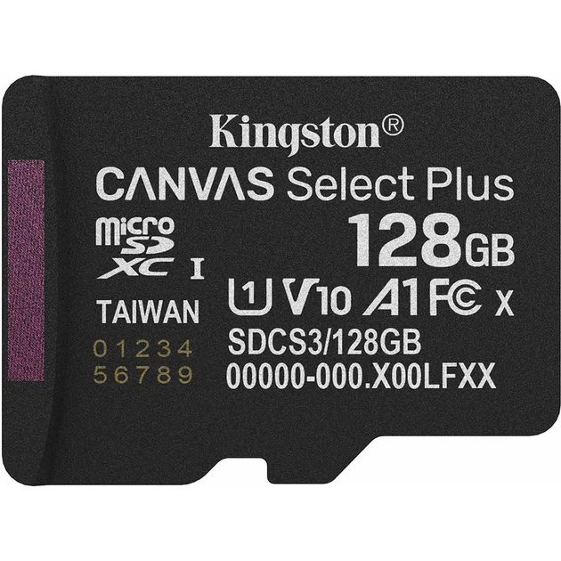 Карта памяти Kingston 128GB microSDXC class 10 UHS-I U3 V30 A1 Canvas Select Plus (SDCS3/128GB) - Фото 1 Карта памяти Kingston 128GB microSDXC class 10 UHS-I U3 V30 A1 Canvas Select Plus (SDCS3/128GB) - изображение 1