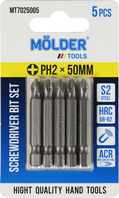 Насадка для отвертки PH2 50мм. (Molder Tools) 5шт. S2 (бита) (MT7025005) - Фото 1 Насадка для отвертки PH2 50мм. (Molder Tools) 5шт. S2 (бита) (MT7025005) - изображение 1