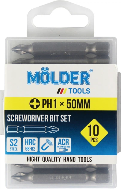 Насадка для отвертки PH1 50мм. (Molder Tools) 10шт. S2 (бита) (MT7015010) - Фото 1 Насадка для отвертки PH1 50мм. (Molder Tools) 10шт. S2 (бита) (MT7015010) - изображение 1