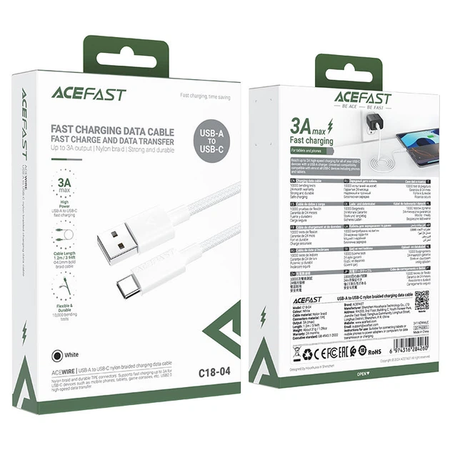 Кабель ACEFAST C18-04 USB-A to USB-C braid charging data cable White (6974316284260) - Фото 2 Кабель ACEFAST C18-04 USB-A to USB-C braid charging data cable White (6974316284260) - изображение 2
