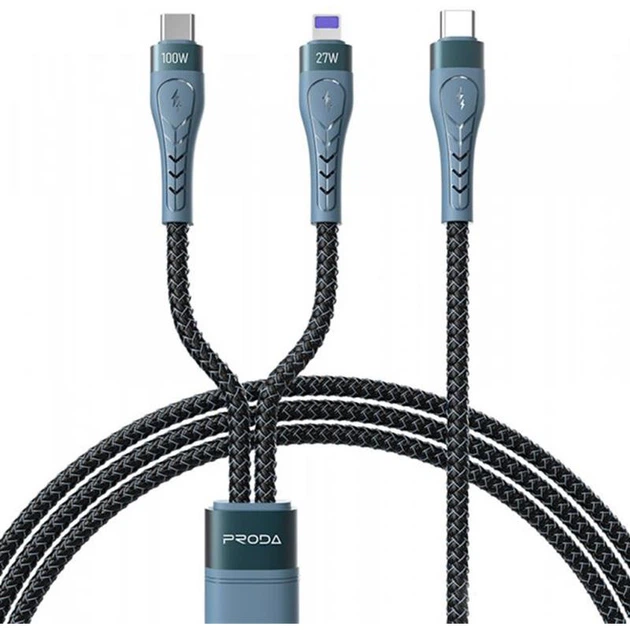 Кабель Proda PD-B73th USB Type C - USB Type-C + Lightning (M/M), 5 А, 1.3 м, Чорний (PD-B73th-BK) - Фото 2 Кабель Proda PD-B73th USB Type C - USB Type-C + Lightning (M/M), 5 А, 1.3 м, Чорний (PD-B73th-BK) - изображение 2