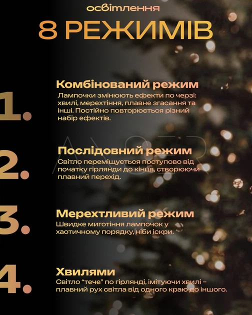 Гирлянда Роса 50 м с теплым белым светом – зеленая нить, пульт, 8 режимов. - изображение 4