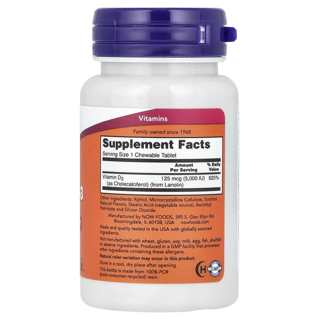 Вітамін D3 NOW Foods (Chewable Vitamin D3) 5000 МО 120 жувальних пігулок зі смаком м'яти NOW00358 - Фото 2 Вітамін D3 NOW Foods (Chewable Vitamin D3) 5000 МО 120 жувальних пігулок зі смаком м'яти NOW00358 - зображення 2