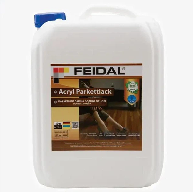Лак для паркета Feidal Acryl Parkettlack глянец полиуретановый для мебели, дверей 10 л - изображение 2