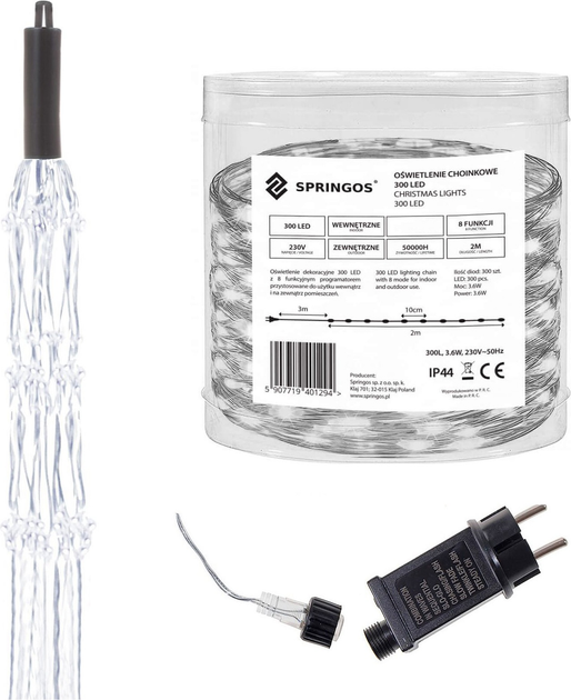Kurtyna świetlna Springos CL0094 Włosy anioła 300 LED Biała zimna (5907719401294) - obraz 3