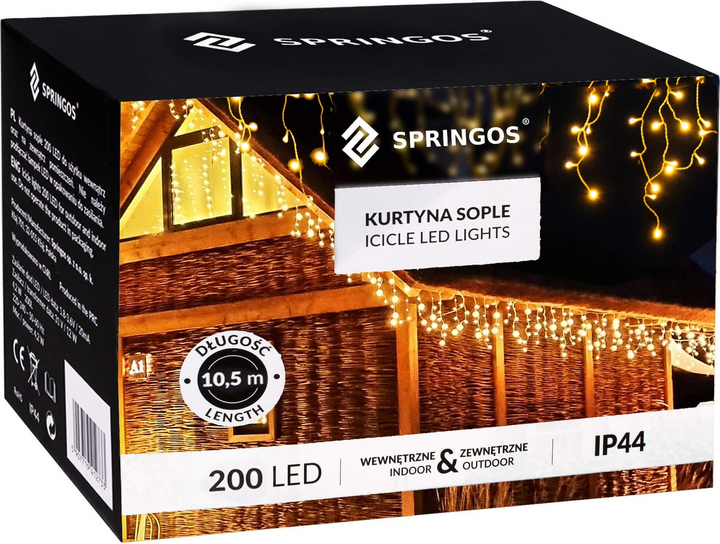 Kurtyna świetlna Springos CL0201 Sople 200 LED Ciepła biała (5907719412740) - obraz 1