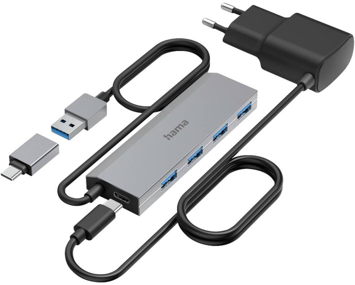 USB-хаб Hama 4 ports USB 3.2 1st Gen + USB-C Grey (HAM200138) - зображення 2