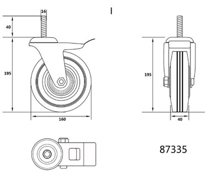Kółko Vorel 87335 skrętne z czarną gumą hamulcem i trzpieniem gwintowanym łożyskowane 160 mm (5906083873355) - obraz 2