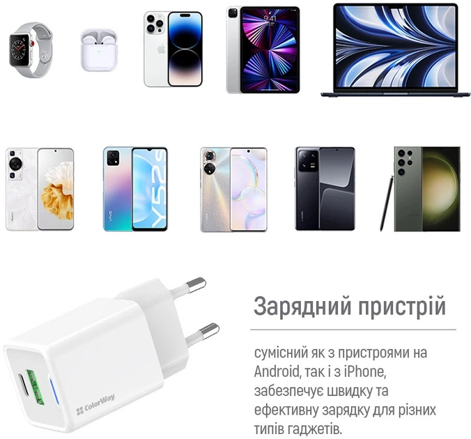 Сетевое зарядное устройство ColorWay GaN Mini 20 W PD Port PPS USB Type-C PD + USB QC4.0 White (CW-CHS062PD-WT) - изображение 11
