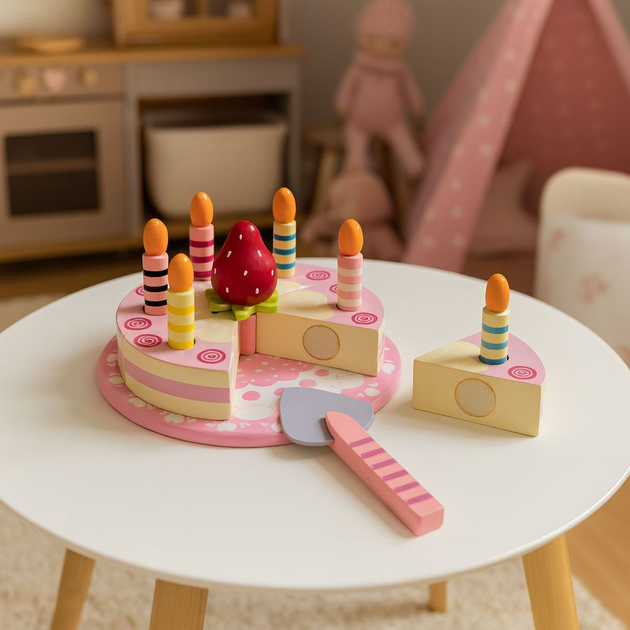 Zestaw drewniany EcoToys Tort na rzepy, świeczki, truskawka, dla dzieci, 15 elementów (5903769979721) - obraz 5