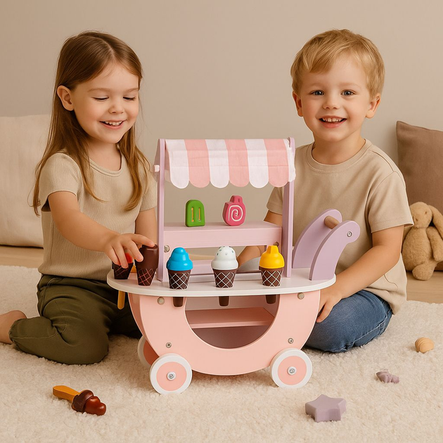 Дерев'яний візок-крамничка морозива EcoToys для дітей, 12 елементів (5903769974917) - зображення 3