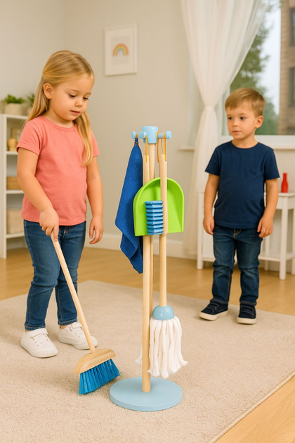 Drewniany zestaw do sprzątania EcoToys dla dzieci: mop zmiotka z szufelką 7 elementów (5905817007356) - obraz 6