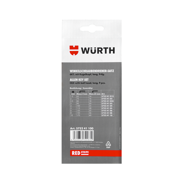 Набір шестигранних ключів WURTH RED STRIPE з кулькою 1,5-10 мм 9