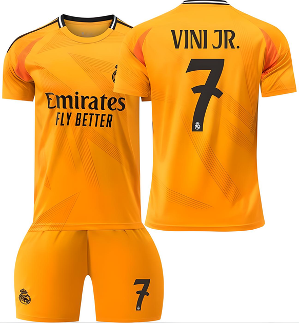 Футбольная форма детская Vini Jr. (Винисиус Жуниор) 7 Real Madrid (Реал Мадрид), сезон 24/25, 28 размер, рост 150-155 см, оранжевая - Фото 1 Футбольная форма детская Vini Jr. (Винисиус Жуниор) 7 Real Madrid (Реал Мадрид), сезон 24/25, 28 размер, рост 150-155 см, оранжевая - изображение 1