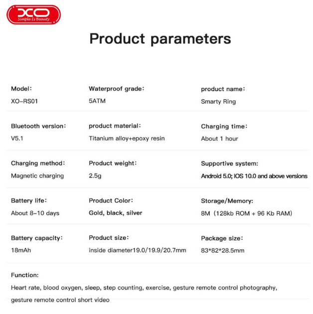 Смарт-кольцо XO RS01 Smart Ring размер 10 (титановый сплав, 5ATM) - изображение 3
