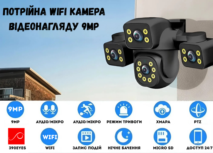 Тройная уличная Wifi Камера видеонаблюдения с боковыми поворотными лизнами 9MP 390Eyes - изображение 3
