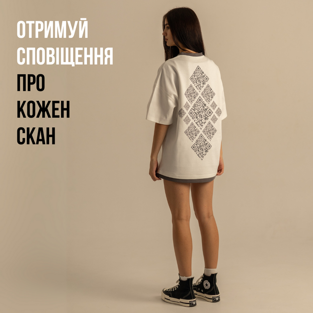 Футболка Dido молочная женская оверсайз с динамическими QR в стиле вышиванки S-M (356990) - Фото 3 Футболка Dido молочная женская оверсайз с динамическими QR в стиле вышиванки S-M (356990) - изображение 3