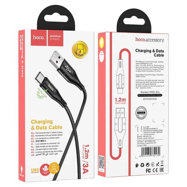 Кабель HOCO U93 USB to Type-C Shadow 3A 1,2m LED індикатор Black - Фото 3 Кабель HOCO U93 USB to Type-C Shadow 3A 1,2m LED індикатор Black - зображення 3
