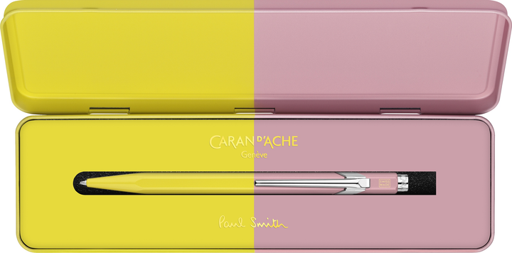 Ручка кулькова Caran d'Ache 849 Paul Smith Chartreuse Yellow & Rose Pink Синя 1 мм в металевому пеналі (7630002353250) - зображення 5