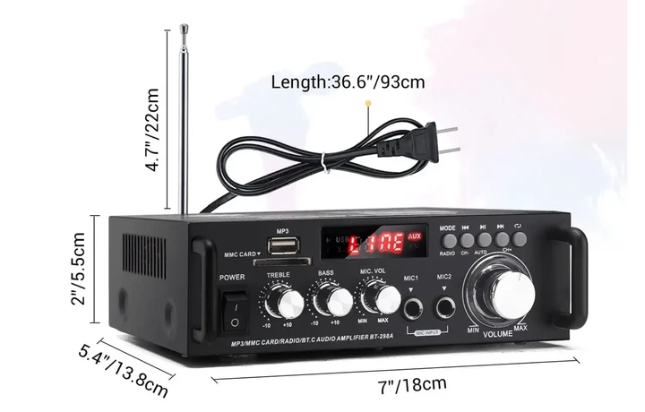 Підсилювач потужності двоканальний 300+300Вт, DiscRadio BT-298А, 12В, 220Вт, Bluetooth 5.0 - зображення 4