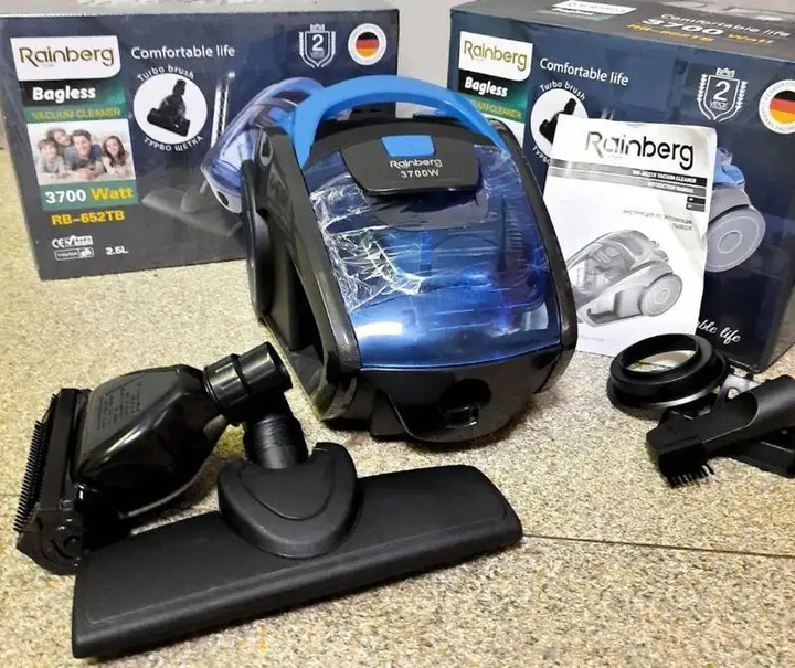 Маленький мощный пылесос для дома с турбощеткой Rainberg 3700W, Мощный контейнерный пылесос без мешка RB-652TB Blue - изображение 3